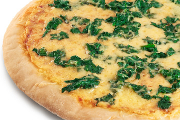 Pizza with spinach on a white background.