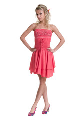 Beautiful Busyness Blonde in red dress isolated on white