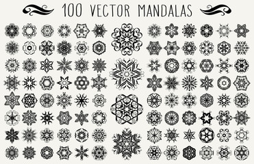 Set of ornate lacy doodle floral round rosettes in black over white backgrounds. Mandalas formed with hand drawn calligraphic elements.