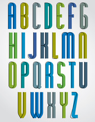 Colorful narrow font, rounded upper case letters.