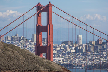 Golden Gate bridge seen from Marin County, with view of San Francisco across the bay on a clear winter's day.