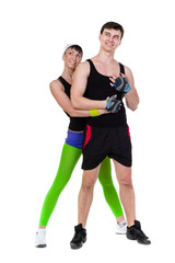 Aerobics fitness couple exercising isolated in full body.
