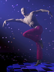 Attractive modern male dancer on blue lighting stage in expressive pose. 3d illustration.