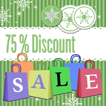 Abstract colorful background with winter decorations, colored Christmas shopping bags and the text seventy five percent discount written in green