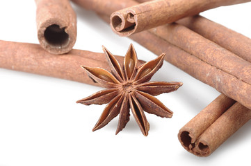 cinnamon stick and star anise spice on the white