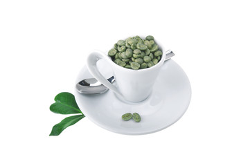 Cup of coffee with green coffee beans on the white