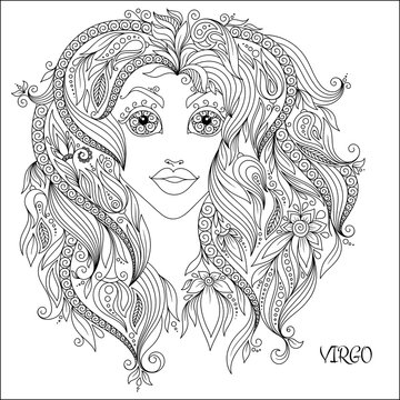 Hand drawn pattern for coloring book zodiac Virgo.