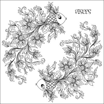Hand drawn pattern for coloring book zodiac Pisces.