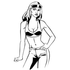 Car service retro vintage comic style lineart  with pretty girl