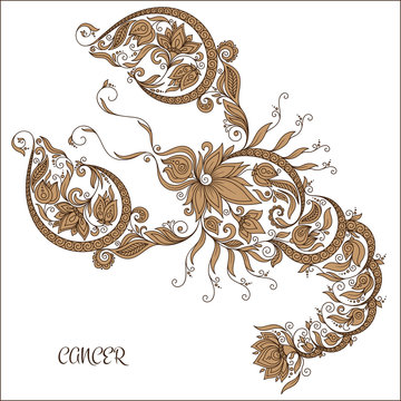 Hand drawn pattern for coloring book zodiac Cancer.