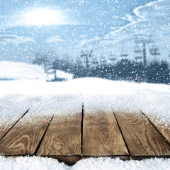wooden table and snow 