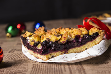 freshly baked cake with fruits and chocolate 