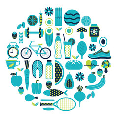 Healthy lifestyle icon set in blue colour