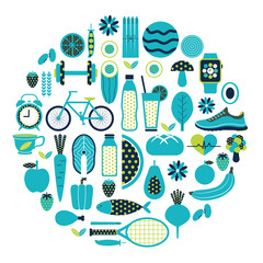 Healthy lifestyle icon set in blue colour