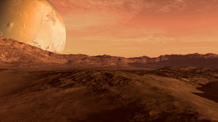 Red planet with arid landscape, rocky hills and mountains, and a giant Mars-like moon at the horizon, for space exploration and science fiction backgrounds. - 97821286
