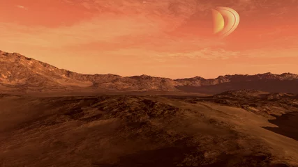 Poster Rode planeet met dor landschap, rotsachtige heuvels en bergen, en een Saturn-achtige maan, voor ruimteverkenning en sciencefictionachtergronden © 3000ad