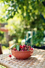 Sweet cherries on the plate on the table, blurred background