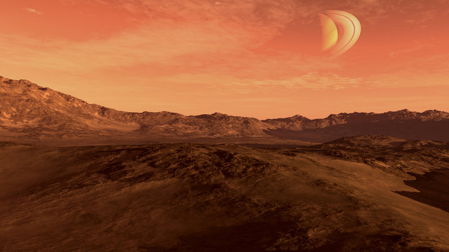 Red planet with arid landscape, rocky hills and mountains, and a Saturn-like moon, for space exploration and science fiction backgrounds