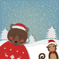 Chinese Zodiac - Monkey and funny Bear. New Year and Christmas greeting card. Winter background. Vector illustration.