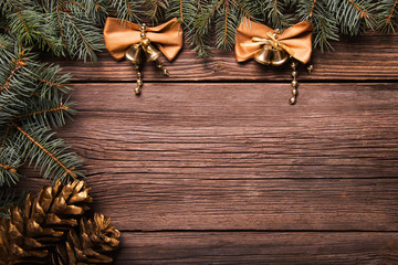 Christmas decoration with pine on a wooden table, as a background