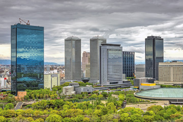 View of Osaka Business Park in Shiromi, Chuo-ku, Osaka, Japan. OBP is a business district covering 26 hectares and is one of Osaka's primary skyscraper clusters.
