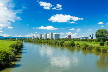 River Sava and Zagreb modern skyline, summer midday