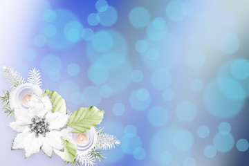 Wonderful Christmas illustration with flower composition on bokeh blue background