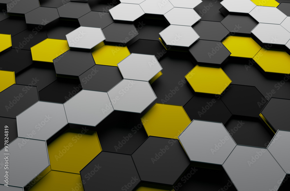 Poster abstract 3d rendering of surface with hexagons.