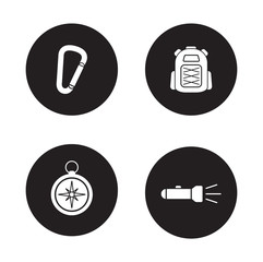 Hiking equipment black icons set
