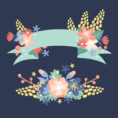 Nature flowers wreath with flowers, foliage ribbons