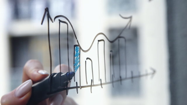 Lifestyle: beautiful young woman drawing math business graphs on the glass with skyscraper on background. Southpaw. Close-up shot, static.