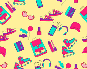 Clothing and accessories for teenage girls. Seamless pattern. Vector illustration