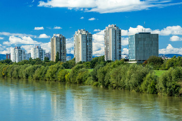 River Sava and Zagreb modern skyline, summer midday