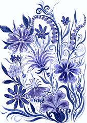 Fototapeta na wymiar flower background blue toned - watercolor painting on paper