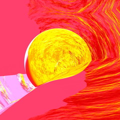Psychedelic sun rising over pink landscape. Circle shape grunge.