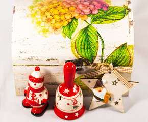 Snowman, Santa claus star, bell and wooden box, concept of Merry christmas and Happy New Year