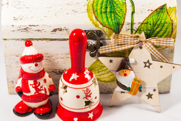 Snowman, Santa claus star, bell and wooden box, concept of Merry christmas and Happy New Year