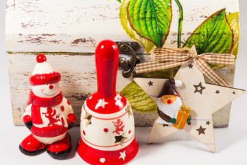 Snowman, Santa claus star, bell and wooden box, concept of Merry christmas and Happy New Year