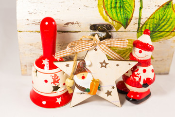 Snowman, Santa claus star, bell and wooden box, concept of Merry christmas and Happy New Year
