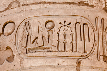Egyptian hieroglyphs. Hieroglyphic carvings on a wall