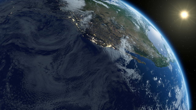Rotating Earth from space. Night to Day. Cities at night. 360 degrees looped animation. 4K
