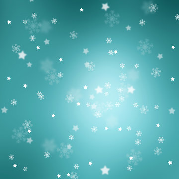 Lovely blurred cyan colored blurry bokeh with blurred star shapes and snowflakes. Magic Christmas and New Year snowy Holiday greeting card copy space background.