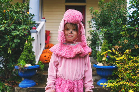 Young girl in pink poodle costume