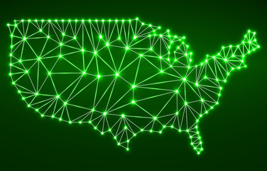 Abstract polygonal  map USA with glowing dots and lines, network connections