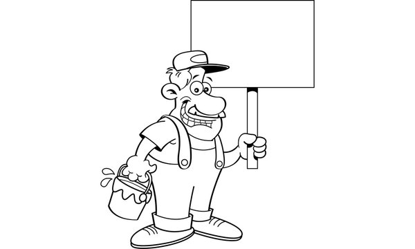 Black and white illustration of a painter holding a paint pail and a sign.