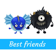 Two vector funny monster isolated, black and blue