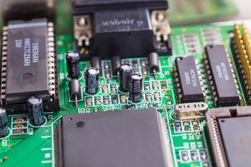 Printed computer motherboard with microcircuit, close up