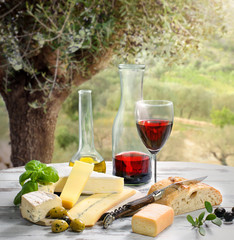 französisches Picknick mit Käse, Wein, Brot und Oliven in mediterranem Ambiente