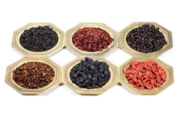 Auswahl getrockneter Beeren (Aronia, Sanddorn, Goji, Berberitzen, Schisandra, Hollunder) isoliert auf weißem Hintergrund