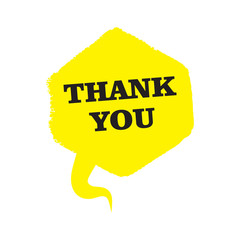 Yellow vector textured speech bubble in flat design with phrase Thank you. Made of paint brush and stroke.